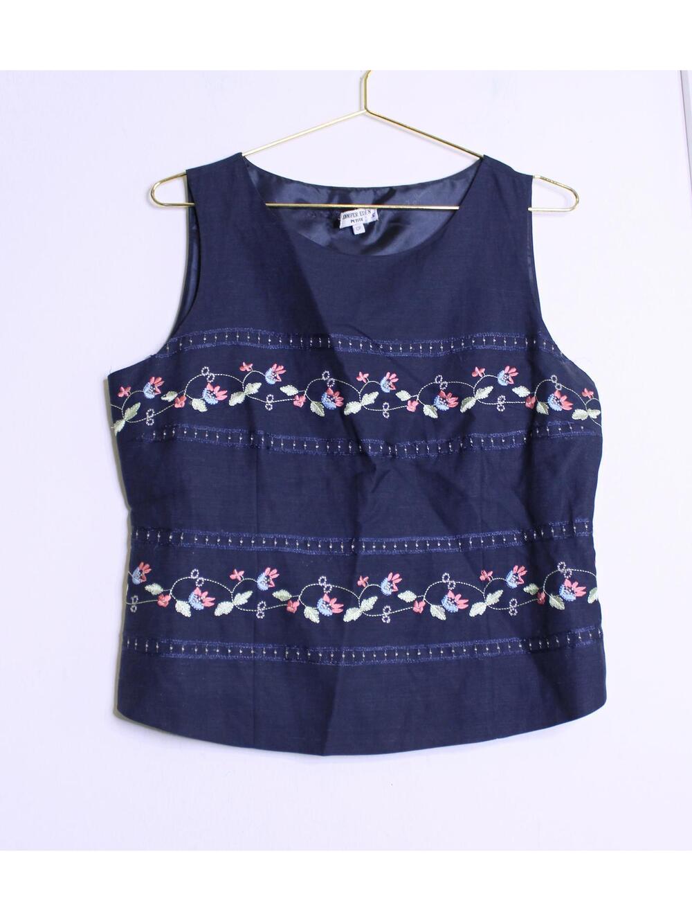 VTG Navy Blue Embroidered Ramie Sleeveless Top - 12P